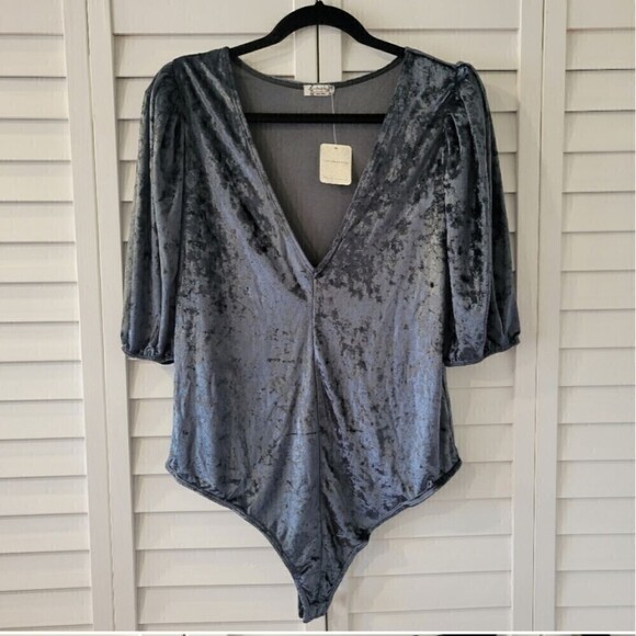 Free People Don't You Wish Crushed Velvet Puff Sleeve Bodysuit Blue Gray Small - Picture 8 of 12